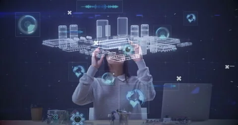 Animation of processor spinning and markers flickering over woman wearing vr 스톡 동영상 153286385