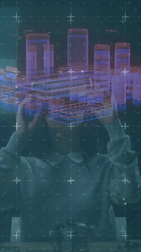 Animation of processor spinning and markers flickering with glitch over woman Video stock 342097374