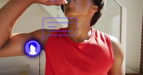 Animation of profile and message icon over african american man drinking water Stock Footage 327707965