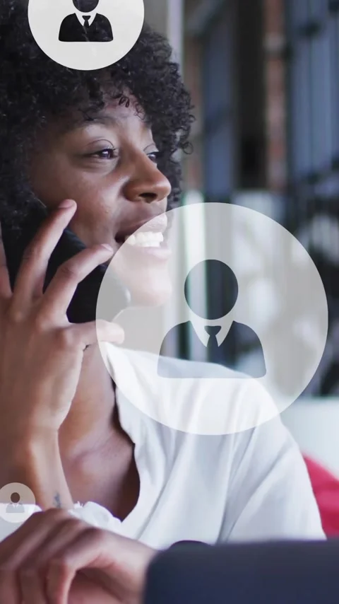Animation of profile icon in circles over woman laughing and talking on Stock Footage 323578870