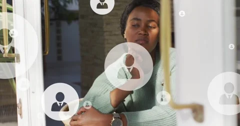 Animation of profile icon in circles over thoughtful african american woman Stock Footage 326631570