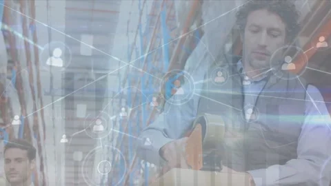 Animation of profile icon connecting dots, caucasian worker packing goods in Stock Footage 327201510