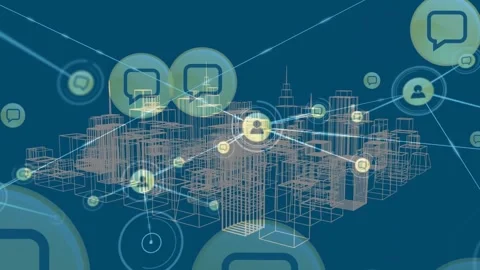Animation of profile icon, speech bubbles connecting dots, 3d urban city on Stock Footage 326426303