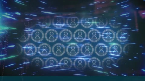 Animation of profile icons and computer language over circular beam pattern in Stock Footage 247908082