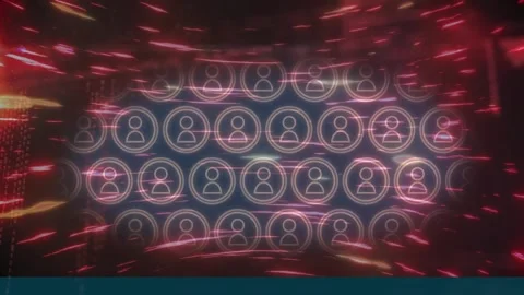 Animation of profile icons and computer language over circular beam pattern in Stock Footage 247908098