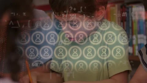 Animation of profile icons and computer codes over caucasian boys writing in Stock Footage 329361908