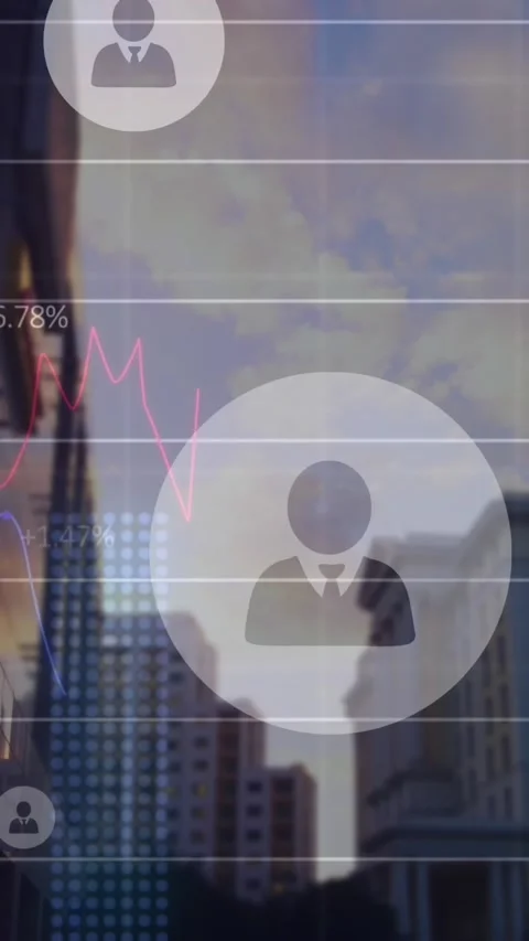 Animation of profile icons and statistical data processing against view of tall Stock Footage 344745935