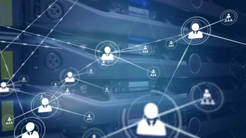 Animation of profile icons connected with lines over back panel of data server Stock Footage 326100700