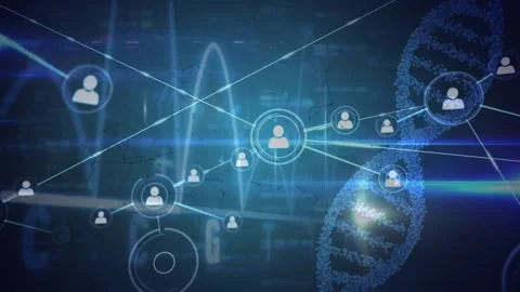 Animation of profile icons connected with lines over falling bar graphs, lens Stock Footage 327276996