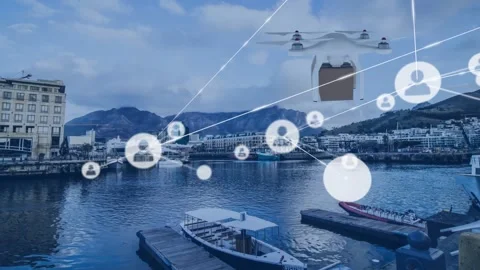 Animation of profile icons connected with lines and drone with box flying over Stock Footage 327355456