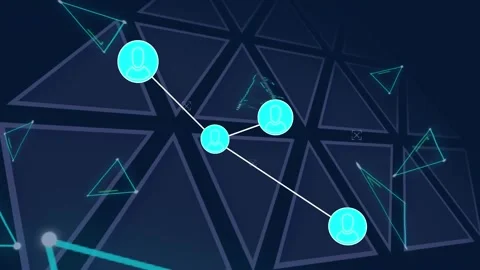 Animation of profile icons connected with lines over triangular shapes in Stock Footage 327444850