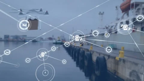 Animation of profile icons connected with lines over drone carrying box flying Stock Footage 328087100