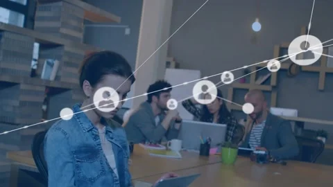 Animation of profile icons connected with lines over caucasian woman using Stock Footage 328586734