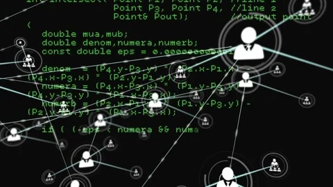 Animation of profile icons connected with lines over computer language against Stock Footage 329028043