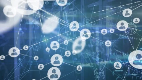 Animation of profile icons connected with lines, lens flare and graph icons over Stock Footage 330469397