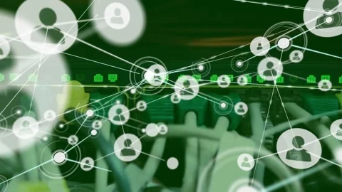 Animation of profile icons connected with lines over multiple wires connected to Stock Footage 330771574