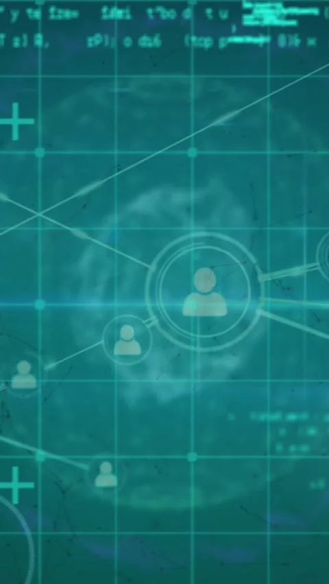 Animation of profile icons connected with lines, programming languages and globe 動画素材 343128740