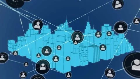 Animation of profile icons interconnecting with lines over rotating 3d blue Stock Footage 328311093