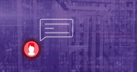 Animation of profile icons, message box, binary codes and compute language over Stock Footage 250952505