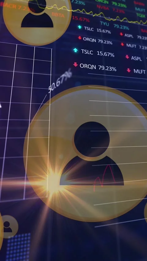 Animation of profile icons, multiple graphs, trading boards, computer language Stock Footage 344706560