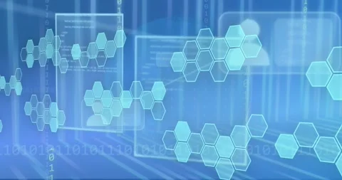 Animation of profile icons over hexagons pattern, binary codes against blue Stock Footage 246589459
