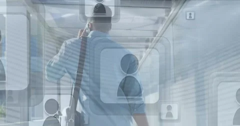 Animation of profile icons over rear view of african american man with trolley Stock Footage 325963206