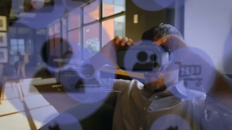 Animation of profile icons, programming language over caucasian man using vr Stock Footage 329688222