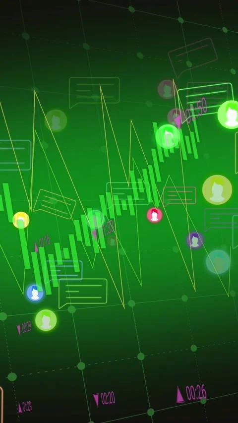 Animation of profile with message notification icons, graphs and numbers moving Stock Footage 342009579