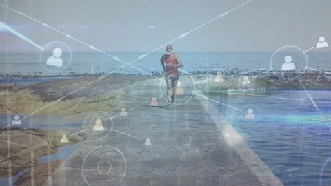 Animation of profile network lines connecting dots, african man running on Stock Footage 203718150