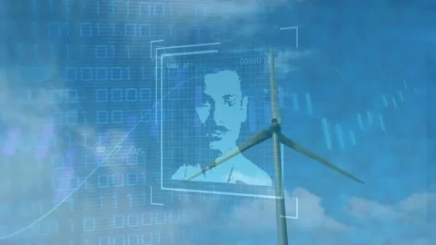 Animation of profile picture, graphs, binary codes, low angle view of windmill Stock Footage 330664616