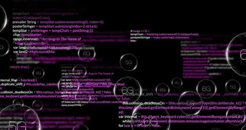 Animation of programming code with 5G symbols on dark background with purple Stock Footage 304840954