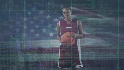 Animation of programming code and digital data, biracial player with basketball Stock Footage 202021118