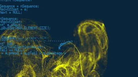 Animation of programming code overlay on yellow abstract shapes, dark background Stock Footage 305059585