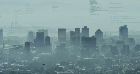 Animation of programming code overlaying city skyline in hazy atmosphere 스톡 동영상 303429618