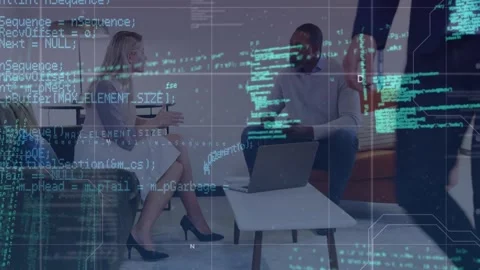 Animation of programming codes over multiracial partners with laptop shaking Stock Footage 326036109