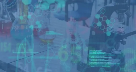 Animation of programming data and graphical hexagonal shapes over laboratory Stock Footage 329687878