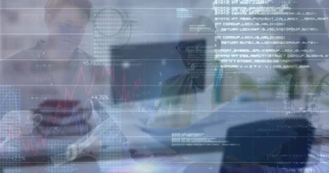 Animation of programming data with graphs over multiracial coworkers discussing 動画素材 326191797