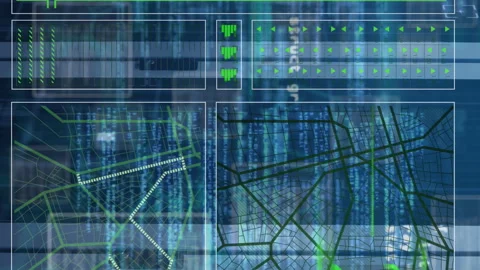 Animation of programming language and abstract pattern over server room Stock Footage 313038239