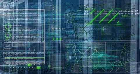 Animation of programming language and abstract pattern over server room Stock Footage 328934287