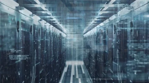 Animation of programming language and binary codes over illuminated data server Stock Footage 231181948