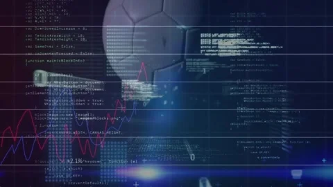 Animation of programming language and binary codes over soccer ball rotating on Stock Footage 257191941