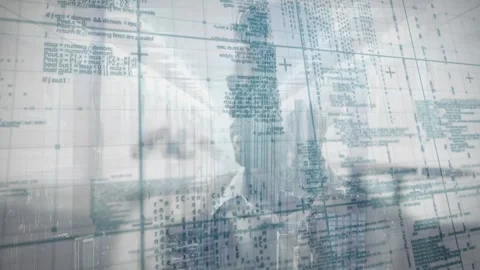 Animation of programming language and grid pattern over caucasian businessman 動画素材 326631406
