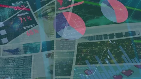 Animation of programming language and multiple graphs over hud screens Vidéo 249071119