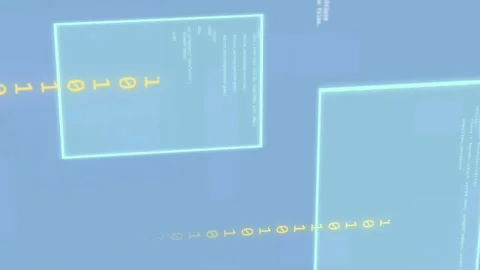 Animation of programming language with binary codes and screens on blue Stock Footage 312644776