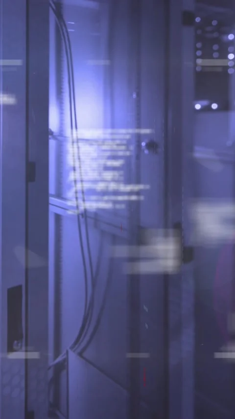 Animation of programming language, binary codes and lens flare over data server Stock Footage 321039264