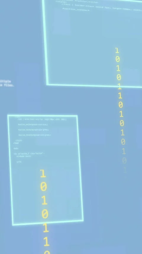 Animation of programming language with binary codes and screens on blue Stock Footage 323578988
