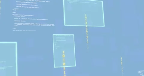Animation of programming language with binary codes and screens on blue Stock Footage 329289524
