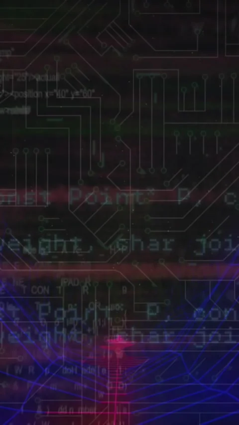 Animation of programming language over 3d grid patterns against circuit board Stock Footage 321581207