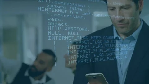 Animation of programming language over caucasian business man looking into Vidéo 216827929