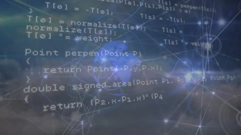 Animation of programming language over connected dots, lens flare against Stock Footage 328834382